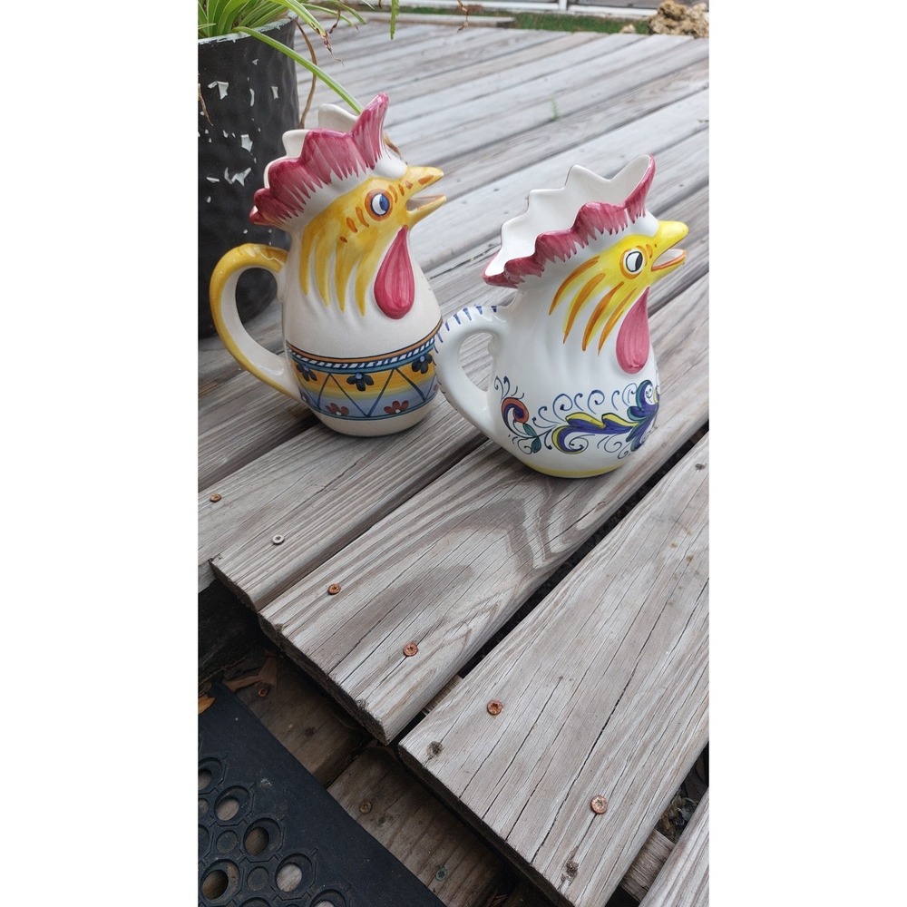Deruta Italy Majolica Rooster Pitchers Hand Painted Italian Galletto Small/Lg